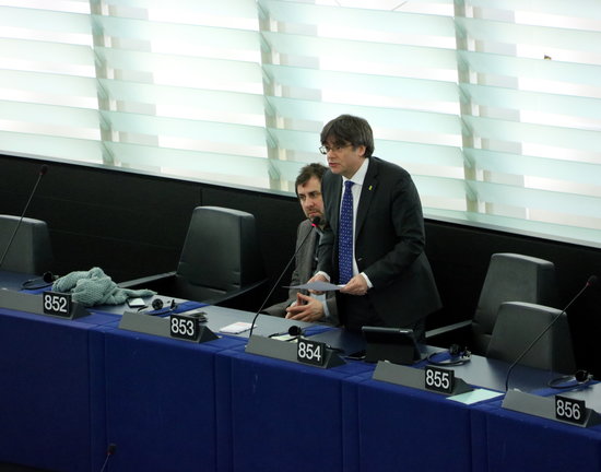 MEP Carles Puigdemont giving a speech in the European Parliament in Strasbourg on January 14, 2020 (by Nazaret Romero)